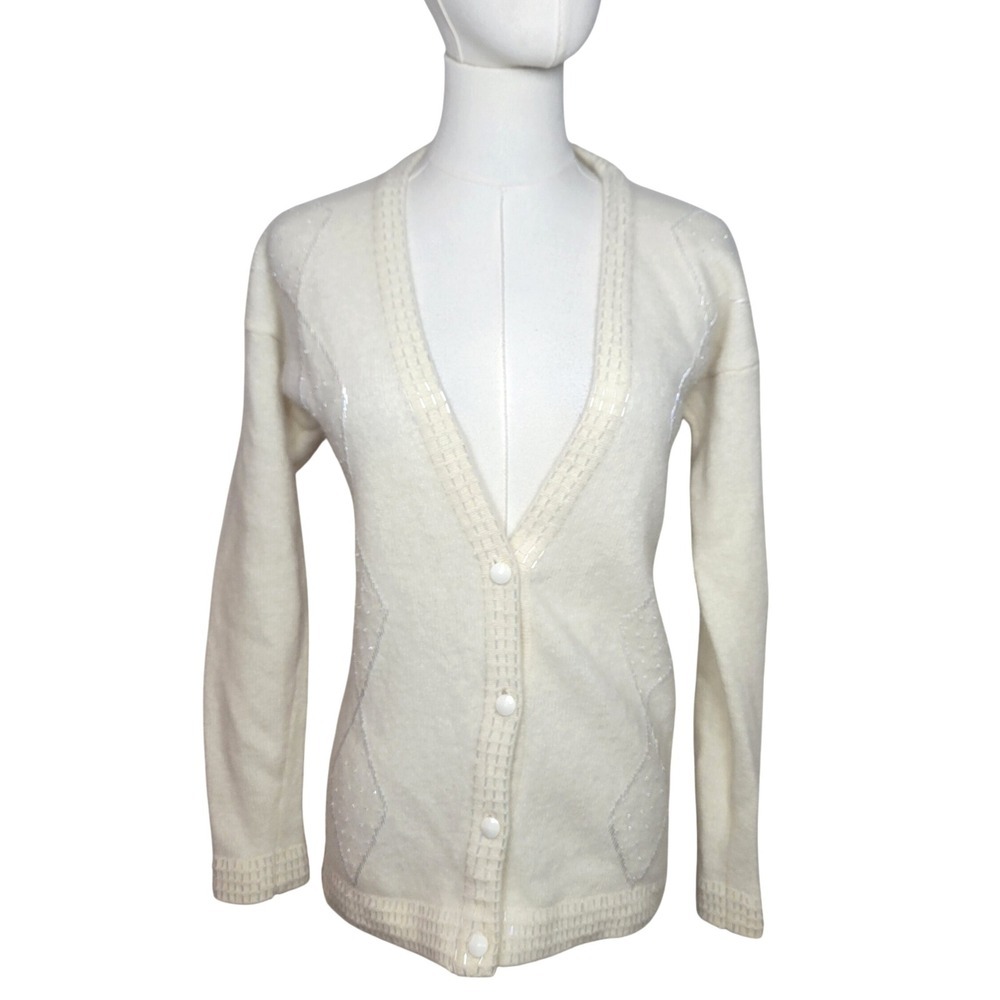 Vintage Preferred Classix Lambswool Holiday Beaded Button Up Cardigan Size XS